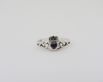 Vintage Claddagh Sterling Silver Amethyst Celtic Ring Size 5