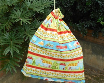 Kids large library bag or kindy sheet bag, bright colourful town & vehicles, large toy bag