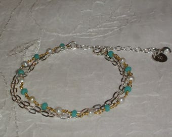 Bracelet Sterling Silver + Gold 22k_calcedoine perle_personnalise_gravure_creation_ handmade.