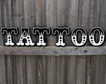 TATTOO lettering sign vintage shop rockabilly home large retro wall art laser cut acrylic black white industrial old school letters ink red