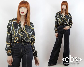 Vintage 90s DEEP V Black Chain Print Blouse S M L Black Blouse Button Up Blouse Longsleeve Blouse Secretary Blouse Button Down Blouse