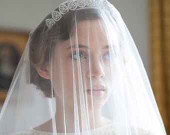 Vintage Wedding Veil and Tiara - Bridal Crown - Antique style Headpiece and ivory drop veil - Art Deco Veil