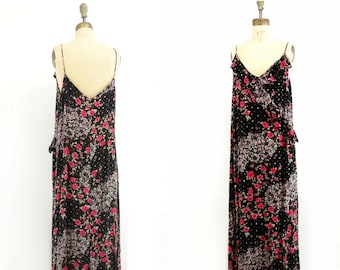 Floral Maxi Dress Vintage Maxi Dress Boho Maxi Dress Plus Size Maxi Dress Black Floral Dress 1990s 20s Style Maxi Dress L / XL to plus 20