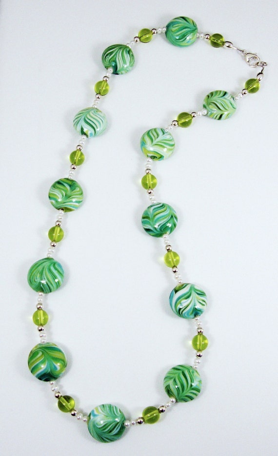 Swirl Glass and Pearl Necklace, Pearl Necklace, Green Necklace