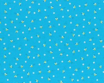 1 yard Minny Muu Blue aqua tiny flowers with bees Fall 2016 - Lecien Japan - quilt cotton fabric