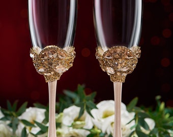 Gold Wedding glasses and Cake Server Set Wedding Cake Knife ivory and gold Cake Cutting Set Toasting flutes Champagne glasses gold, set of 4