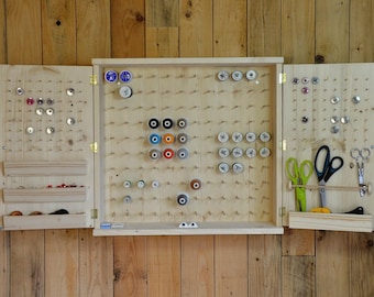 Wall cabinet in solid wood for reels cans and accessories, sewing workshop