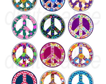 PEACE SIGNS Craft Circles - hippie FLOWER POWeR 60's Peace Signs - Instant Download Digital Printable- -Bottlecaps ,stickers,pendants