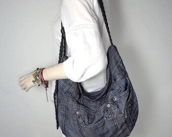 Denim bag cross body and shoulder slouchy hobo up-cycled jeans gray