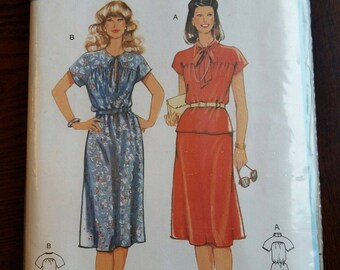 Vintage Burda 1980s 8347 Women's Dress Skirt And Top Sewing Pattern Tie Neck Cinched Waist