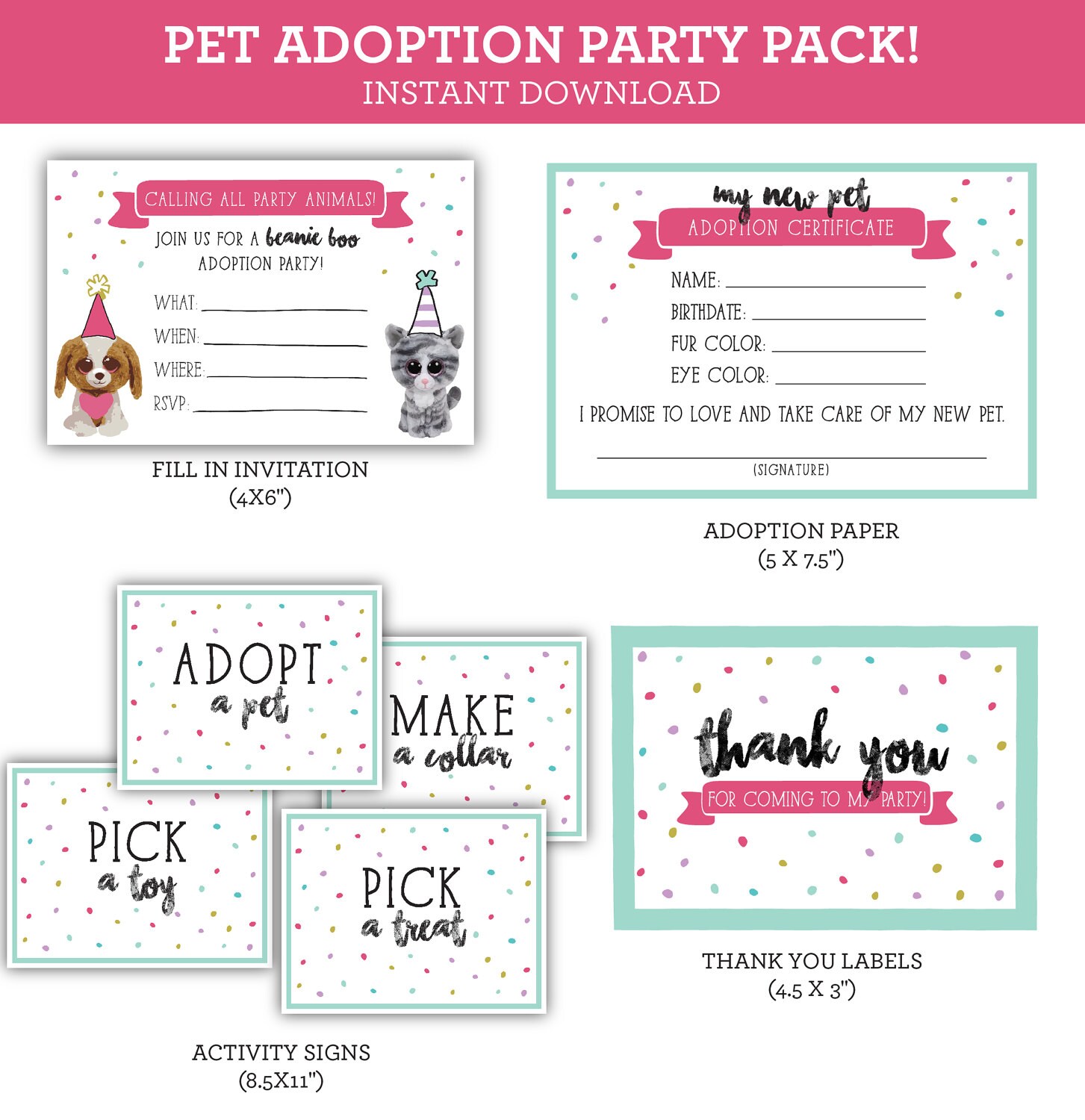 Pet Adoption Beanie Boo Printable Party Pack Instant