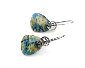 Boho Chrysocolla Earrings, Hand Forged Oxidized Sterling Silver Spirals, Earthy Chrysocolla Stone Earrings, Natural Stone Jewelry, For Her