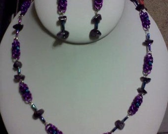 amethyst necklace and earring set, chain mail jewelry