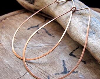 Tear Drop Hoop Earrings - Extra Large Teardrop Hoops - Copper Hammered Ear Wires 2 / 2.25 inch / Large Oval Hoop Earrings