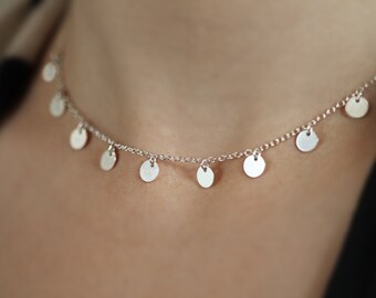 Multi Disc Necklace, Dainty Choker Chain Necklace, Layering Tiny Dots, Sterling Silver Choose 5-9 Discs