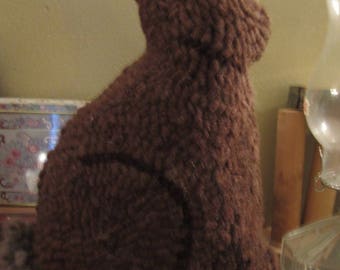 Primitive Hooked Rug Chocolate Bunny Rabbit on Stand, Folk Art