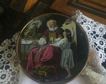 Old confectionery box with a glass painting