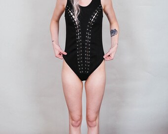 Double Trouble - Black bodysuit with double lace up front - boho rock glam