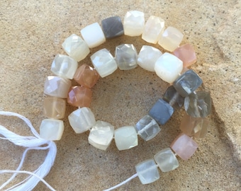 Multi Colored Moonstone Cube Beads, Moonstone Cube Beads, Faceted Moonstone Cube Beads, 8 inch strand, 7mm