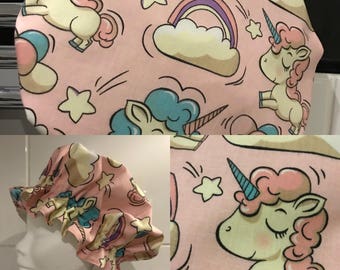 Shower Cap Bath Hat. Cute Unicorns, Rainbows and Balloons on Pink. 100% Cotton Outer and Fully Waterproof Breathable Inner.