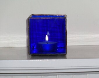 Blue glass tea light holder