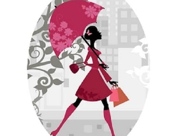 pretty cabochon 18x25mm, pink umbrella, woman