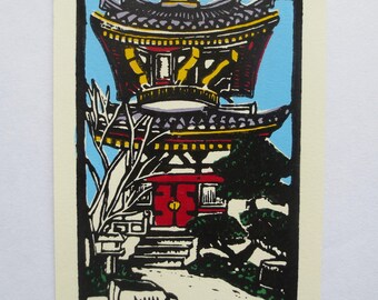 Color Linocut, Japan Shikoku Henro Trail, Buddhist Temple 6, 4x6 inches, Art Lino Print