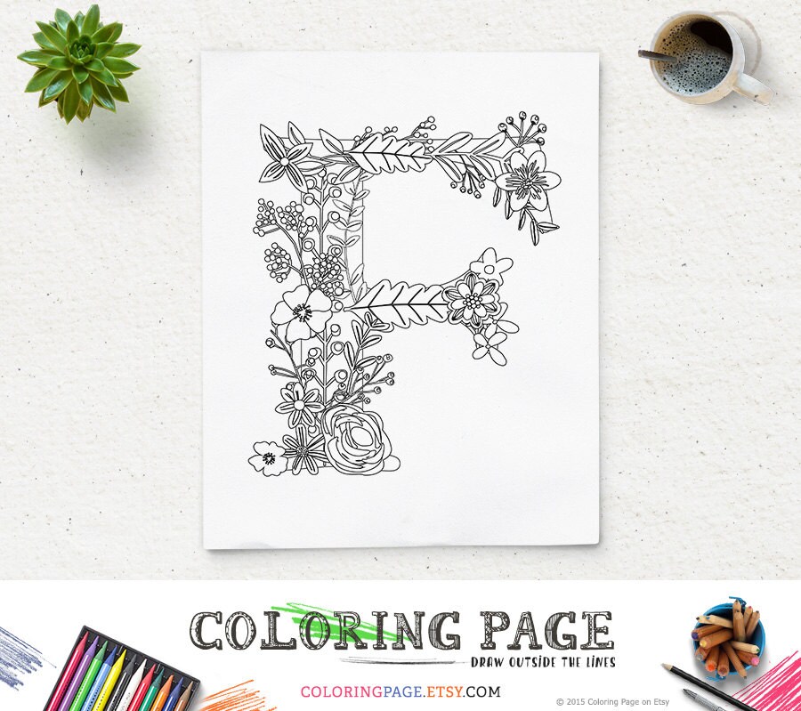 Floral Alphabet Printable Coloring Page Letter F Instant