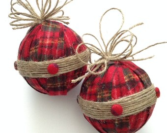 Christmas Ornaments / Xmas Plaid Fabric Ornaments / Flannel and Fuzzy Xmas Ornaments / Christmas Red Plaid and Burlap Handmade Ornaments