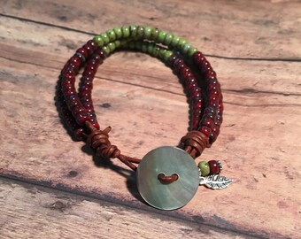 Picasso Beads Bracelet, Picasso Glass Bead and Leather Bracelet, Red and Green Bracelet, Wrap Bracelet
