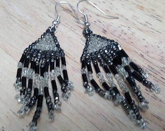 Silver and black seed bead earrings