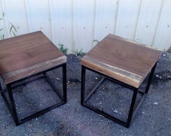 Black Walnut End Table with Metal Cubed Base