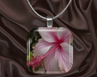 Pink Hibiscus Glass Tile Pendant with chain(CuFl25.6)