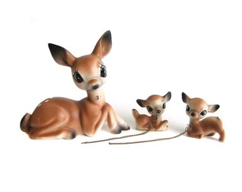 Ceramic Deer Figurines, Doe and Fawn Figurines, Chain Leashed Animal Figures, Mom and Baby, Deer Statues, Norleans Japan, Vintage Deer