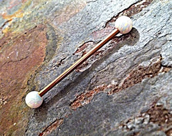 WHITE OPAL 5mm SOLID Ball Ends Rose Gold Plated over 316L Surgical Steel Industrial Scaffold Barbell, 14g, 32mm or 35mm or 38mm