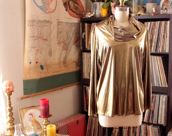 1980s vintage liquid gold blouse with giant cowl neck . 70s 80s long sleeve glam disco top, metallic gold top