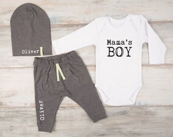 Trendy Baby Clothes, Mama's Boy Long Sleeve Bodysuit, Personalized Pants / Hat, Trendy Baby Boy Clothes, Trendy Baby Gifts, Baby Clothing