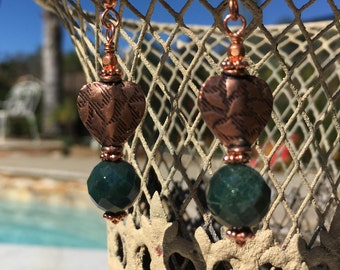 Copper Earrings, Sea Green Jade Bead Earrings, Dangle Earrings, Drop Earrings