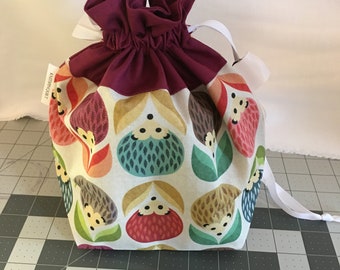 HEDGEHOG print medium fully-lined cotton drawstring knitting project bag