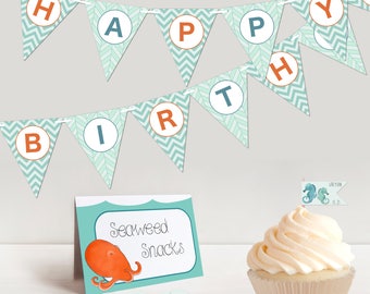 Custom Ocean Theme Party Printables - Kids Birthday Party Package: Happy Birthday Bunting Banner, Cupcake Toppers, Menu Cards & Favor Tags