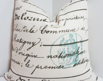 French Script Pillow Penmanship Blue Stamp Decorative Pillow Cover Throw Pillow 18x18