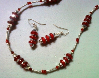 Candy Apple Red and SIlver Necklace and Earrings (0748)