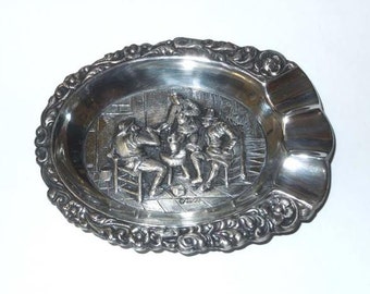 Continental European 800 Silver Sculptured Interior Tavern Scene Ash Tray