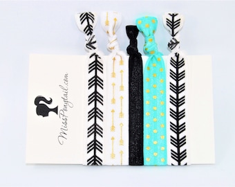 Elastic Hair Ties, Aqua, Black, Arrows, Gold Foil Print, FOE Hair Ties, Hair Accessories, Ponytail Holder, Knotted Hair Ties missponytail
