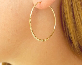 Minimalist Hoop Jewelry, Large Wire Hoop Earrings, 14K Gold-Filled, Gold Hammered Hoops, Hoop Earrings