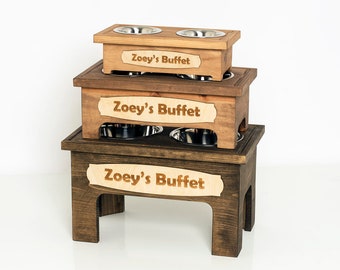 Personalized Pet Feeding Stand - Handmade, Solid Pine Wood - Elevated Double Bowl - Dog, Cat