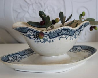 Antique french ceramic sauceboat,earthenware sauceboat,Saint Amand et Hamage sauceboat .