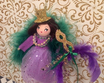 Mardi Gras doll mardi gras ornament christmas ornament art doll vintage retro inspired party girl New Orleans Fat Tuesday