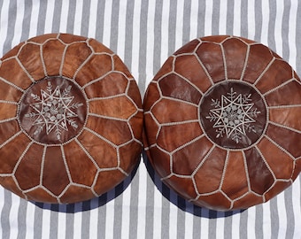 Set Of 2 Handmade Moroccan Pouf, Genuine Leather Ottoman Footstool, Natural Tan Color (Unstuffed)