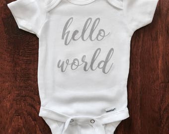 Hello World Newborn outfit. Take home outfit. White and Gray